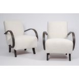 Jindrich Halabala (1903-1978): A pair of wood armchairs with fabric upholstery, third quarter 20th C