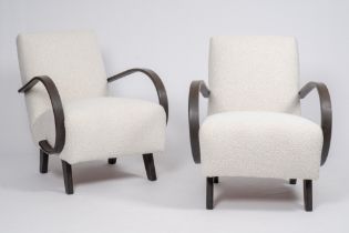 Jindrich Halabala (1903-1978): A pair of wood armchairs with fabric upholstery, third quarter 20th C