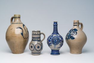 Four various German stoneware jugs, Westerwald and Cologne, 17th C. and later