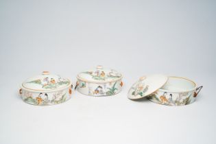 Three Chinese qianjiang cai tureens and covers with ladies in a garden, 19th/20th C.