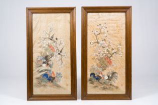 Chinese school: Twee scenes with birds among blossoming branches, ink and colours on silk, 20th C.