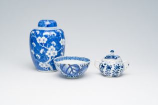 A Chinese blue and white covered jar, a covered bowl and a Japanese blue and white bowl, 19th C.