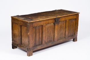 A Flemish Gothic oak wood coffer with linenfold panels, 16th C. and later