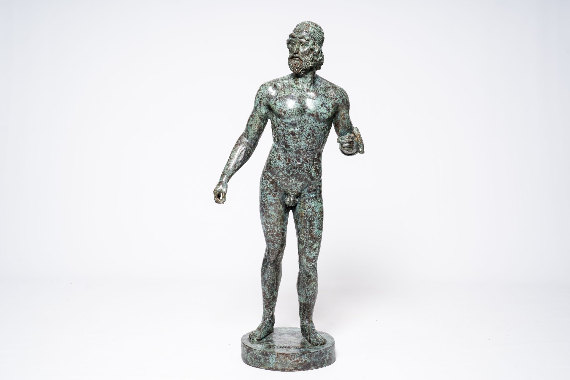 After the antique, J. Tallsten (?): A Riace bronze, bronze with green marbled patina, 20th C.