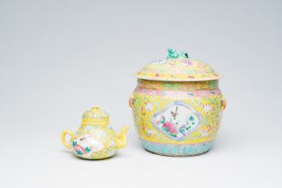 A Chinese yellow ground famille rose 'kamcheng' bowl and cover and a teapot for the Straits or Peran