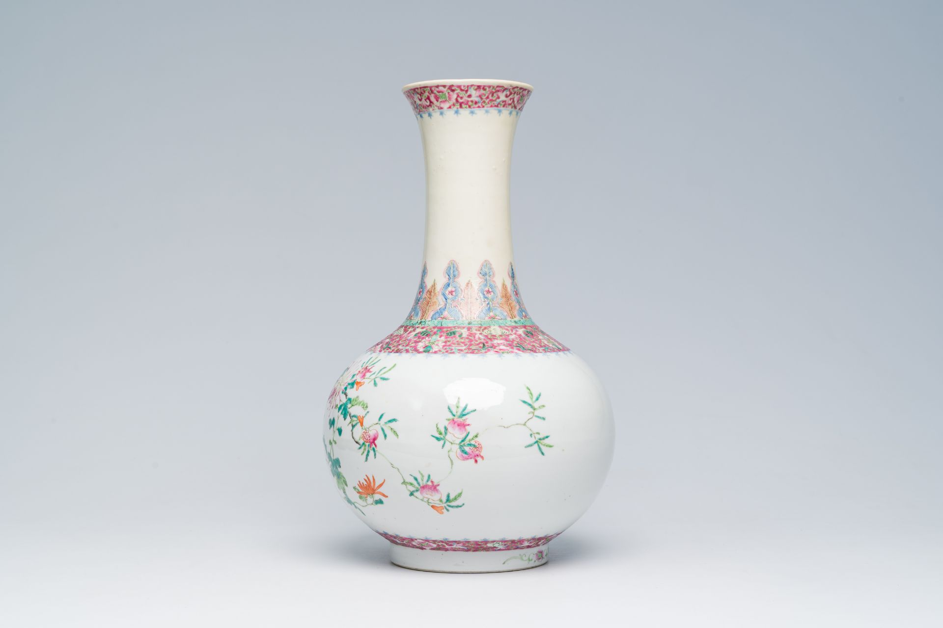 A Chinese famille rose bottle shaped vase with floral design, Hongxian mark, 20th C. - Image 2 of 6