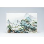 A Chinese qianjiang cai 'animated mountainous landscape' plaque, Republic, 20th C.