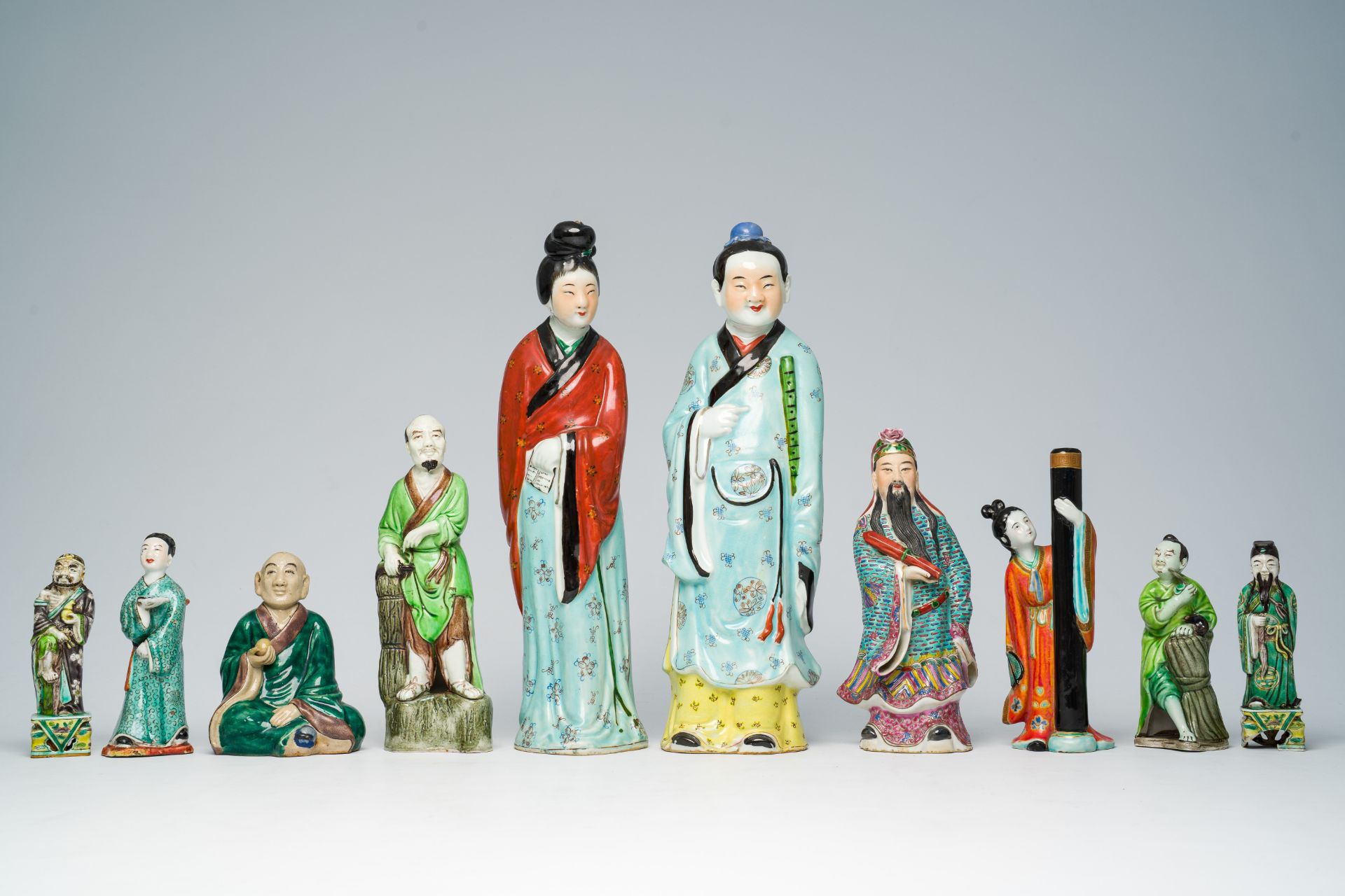 Ten various Chinese famille rose and verte sculptures, 19th/20th C.. - Image 2 of 7