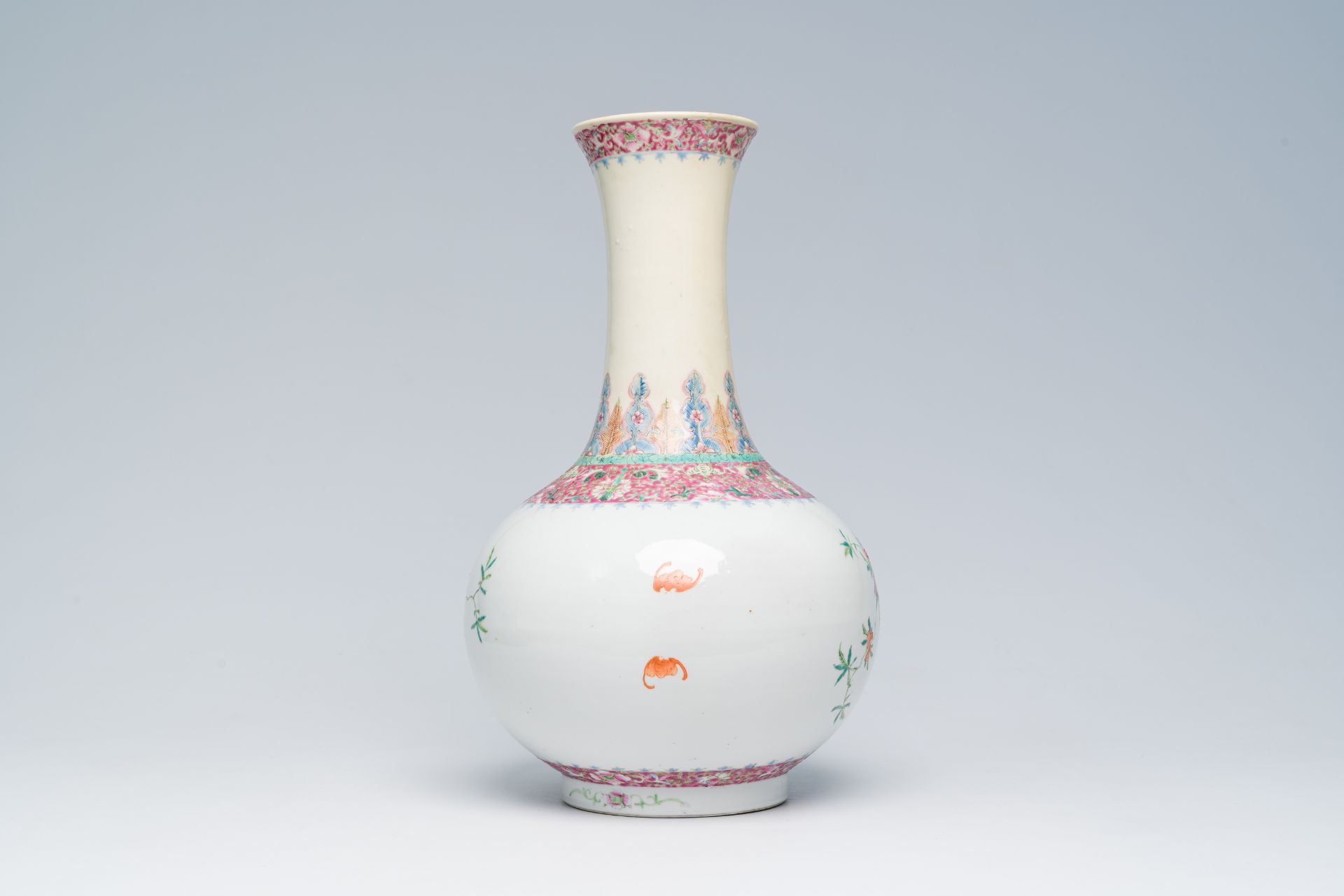 A Chinese famille rose bottle shaped vase with floral design, Hongxian mark, 20th C. - Image 3 of 6