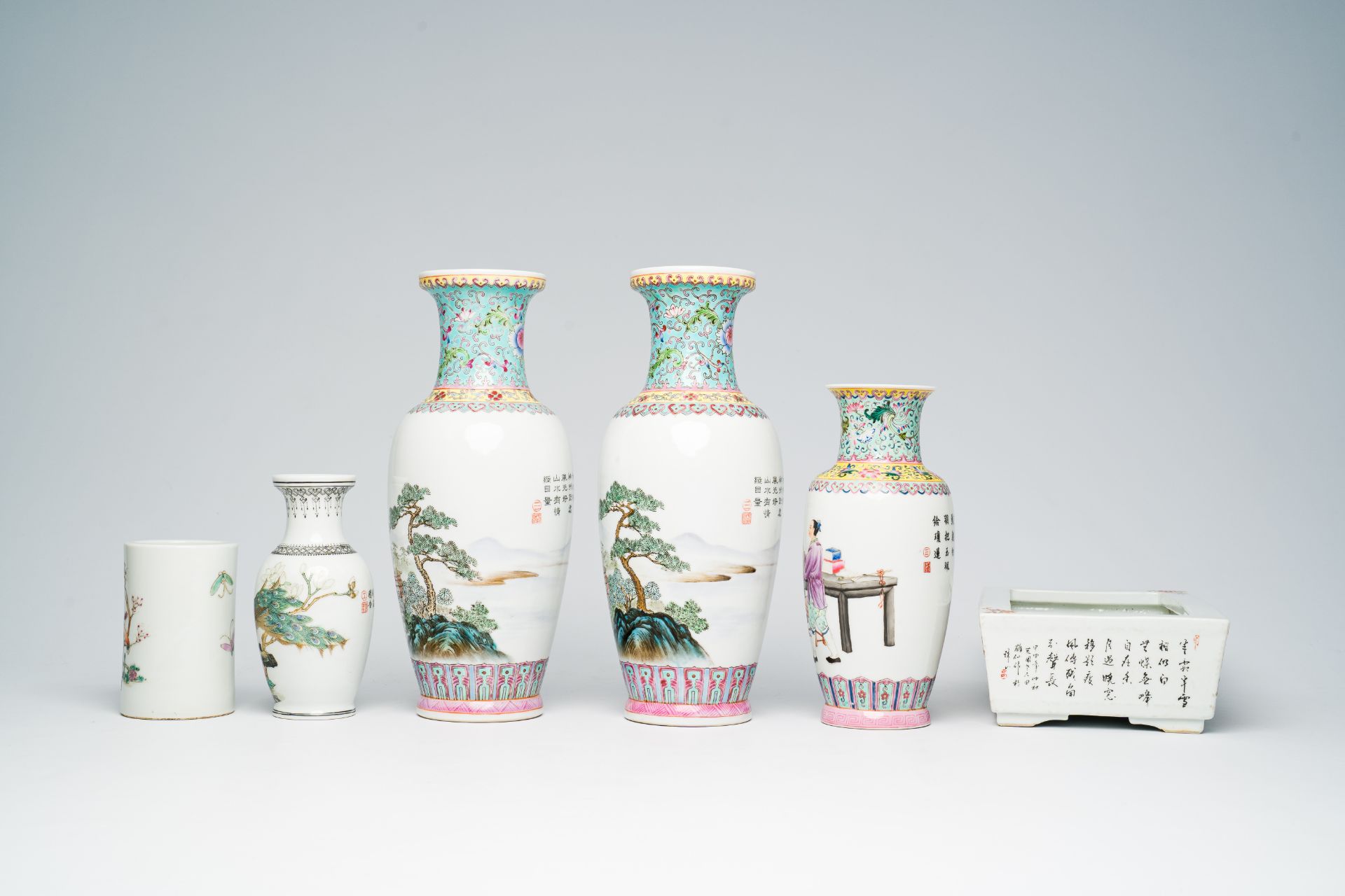 A varied collection of Chinese famille rose and qianjiang cai porcelain with figures, landscapes and - Image 5 of 11