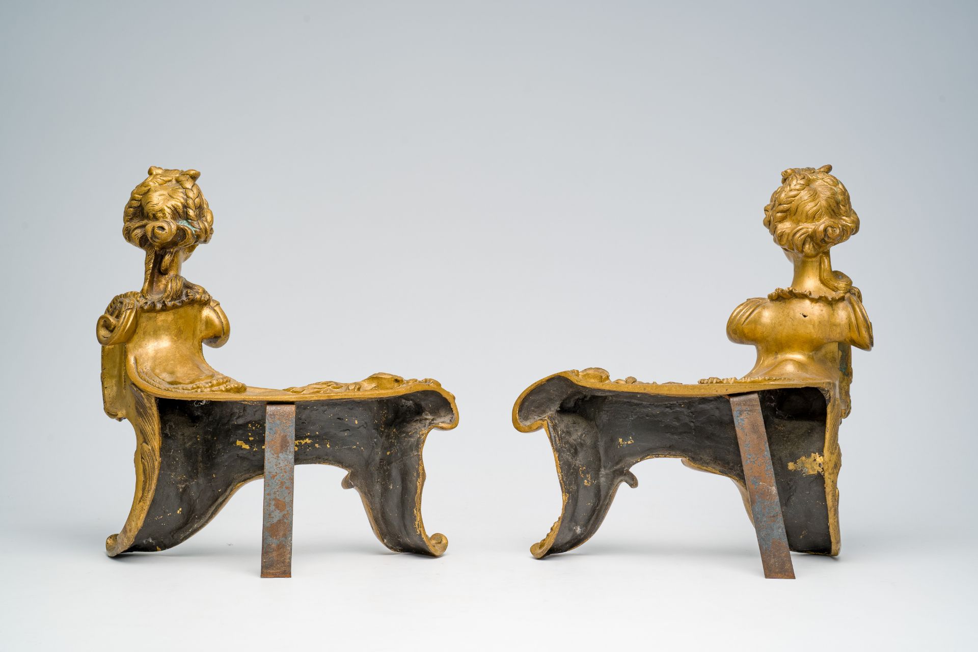 A pair of French Louis XIV style bronze andirons crowned with a regal lady's bust in the manner of F - Image 3 of 8