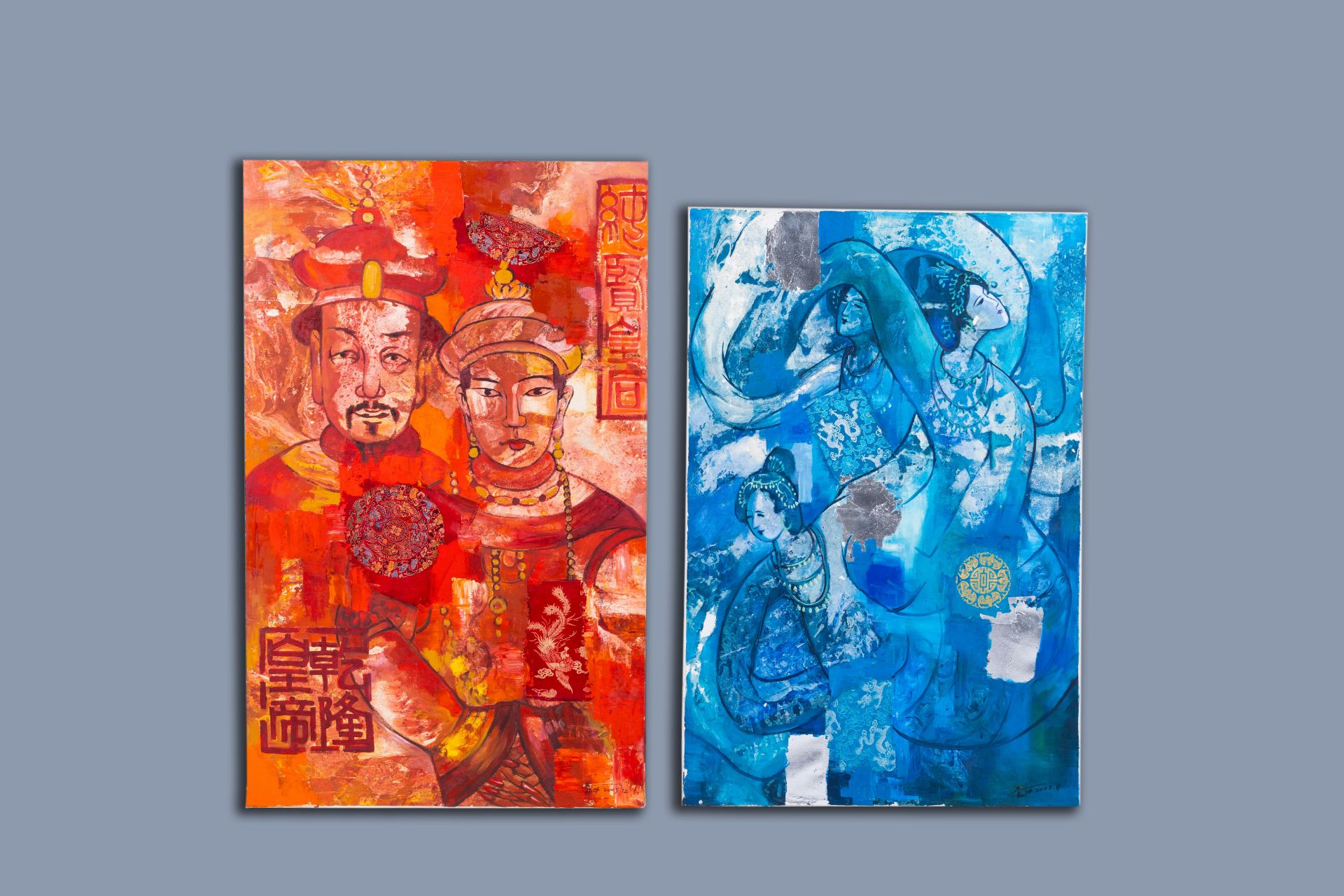 Wei Shen (1966): 'Emperor and Empress' and Dancing ladies, mixed media, dated 2005