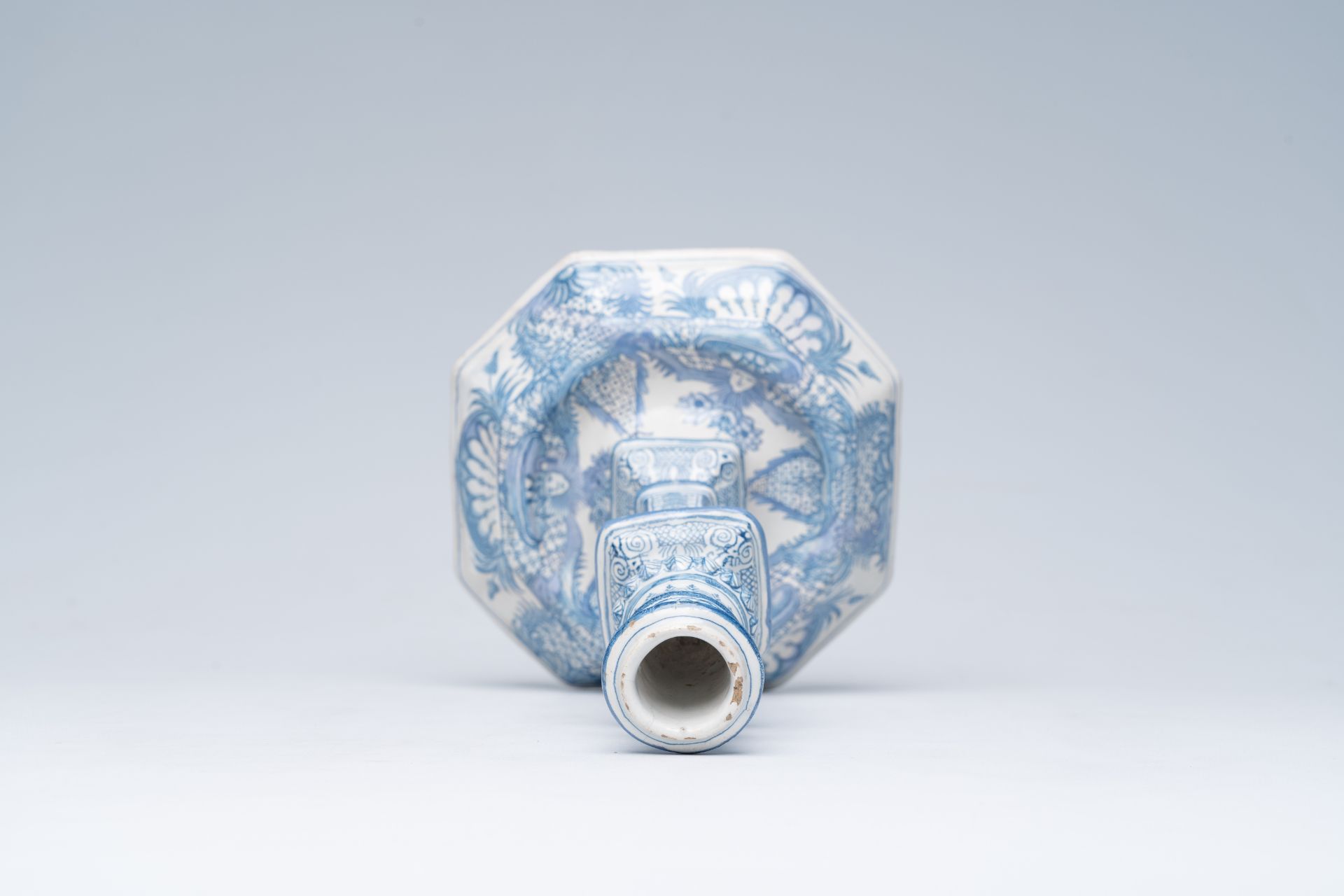 A German blue and white richly decorated earthenware candlestick, Nuremberg, 18th C. - Image 6 of 7