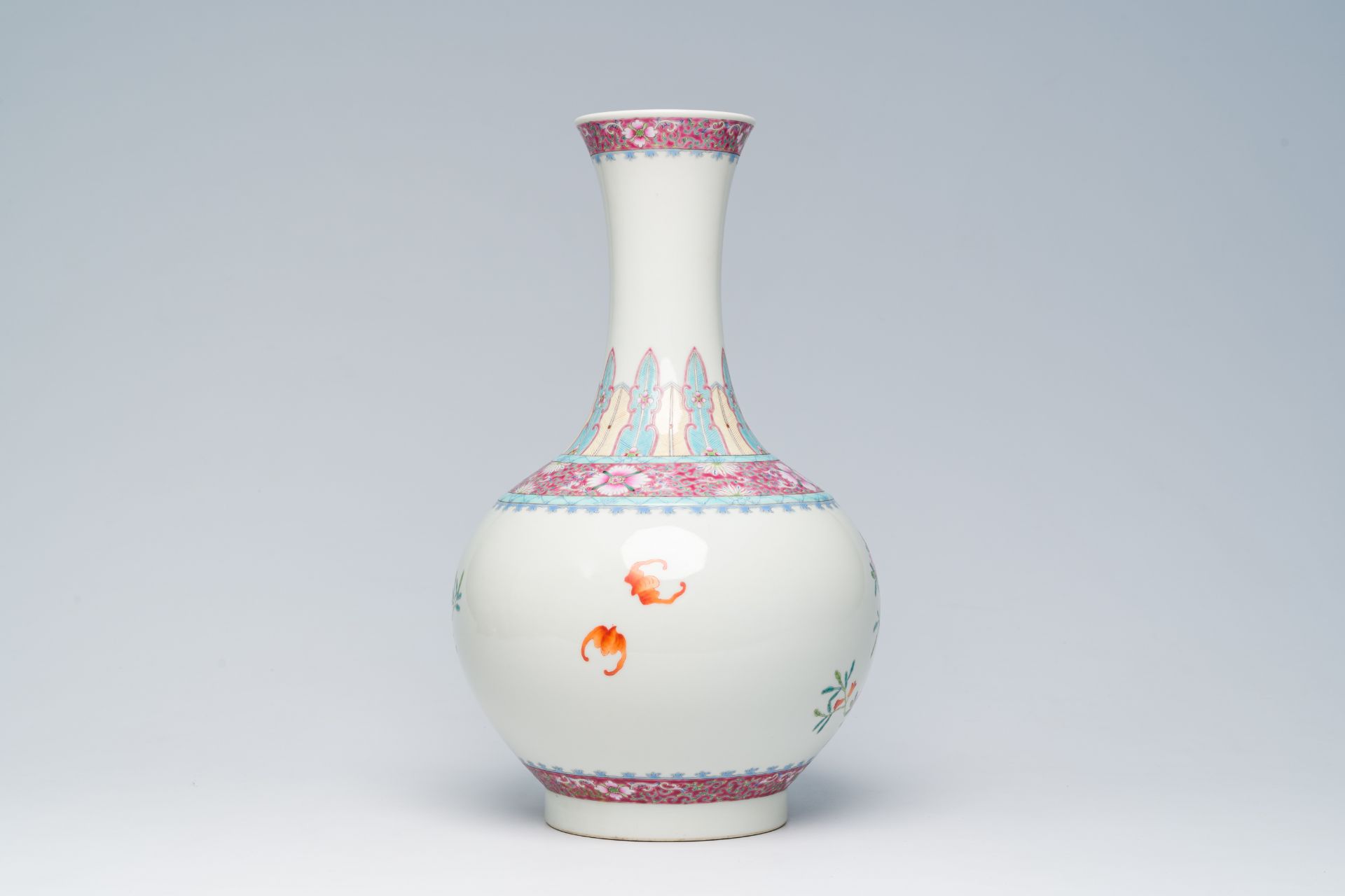 A Chinese famille rose bottle shaped vase with floral design, Hongxian mark, 20th C. - Image 3 of 6