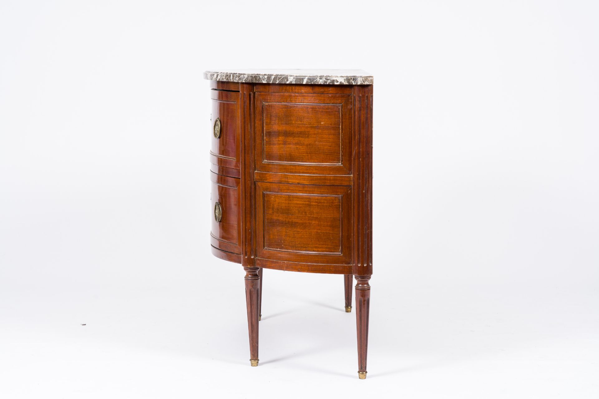 A French Neoclassical wood half circle chest with two drawers and marble top, France, first half 20t - Image 5 of 7