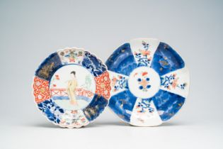 Two Chinese verte-Imari plates with floral design and a lady on a terrace, Kangxi