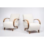 Jindrich Halabala (1903-1978): A pair of wood armchairs with fabric upholstery, third quarter 20th C