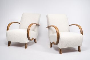 Jindrich Halabala (1903-1978): A pair of wood armchairs with fabric upholstery, third quarter 20th C