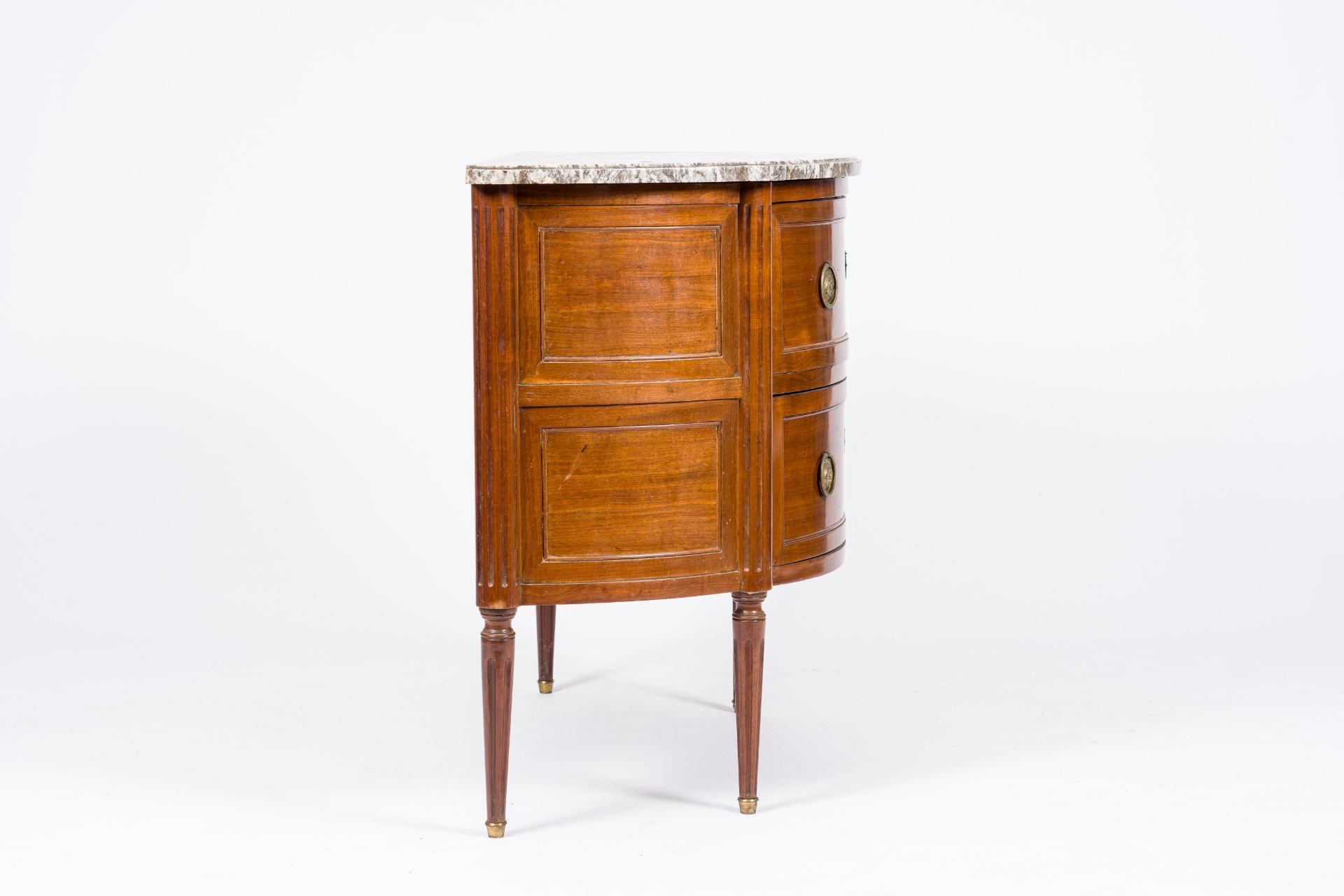 A French Neoclassical wood half circle chest with two drawers and marble top, France, first half 20t - Image 7 of 7