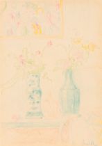 James Ensor (1860-1949): Still life with painting, two flower vases and a Tanagra figure, coloured p