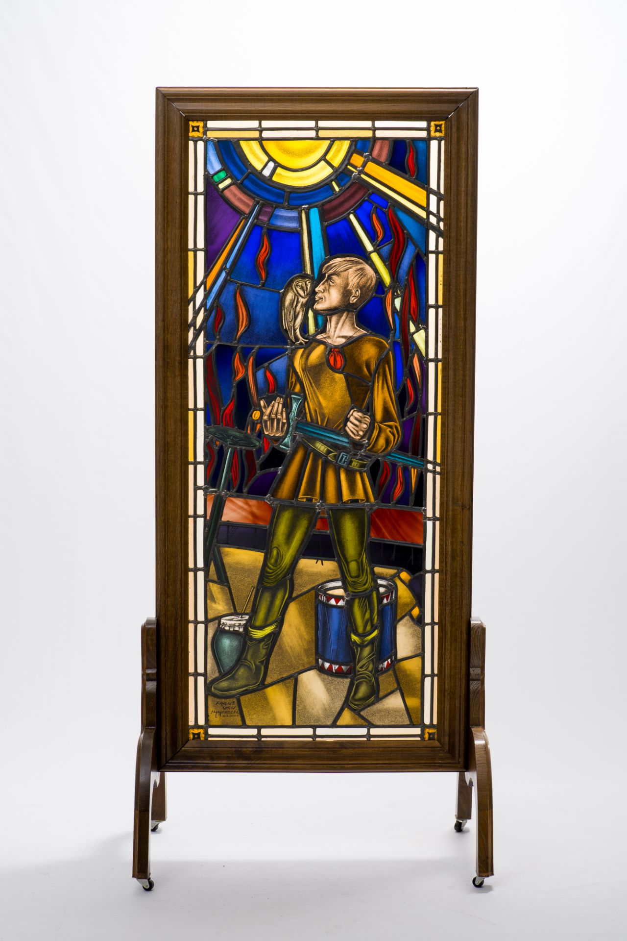 Frans Van Immerseel (1909-1978): A painted and stained glass 'Till Eulenspiegel' window in a wood fr - Image 4 of 8