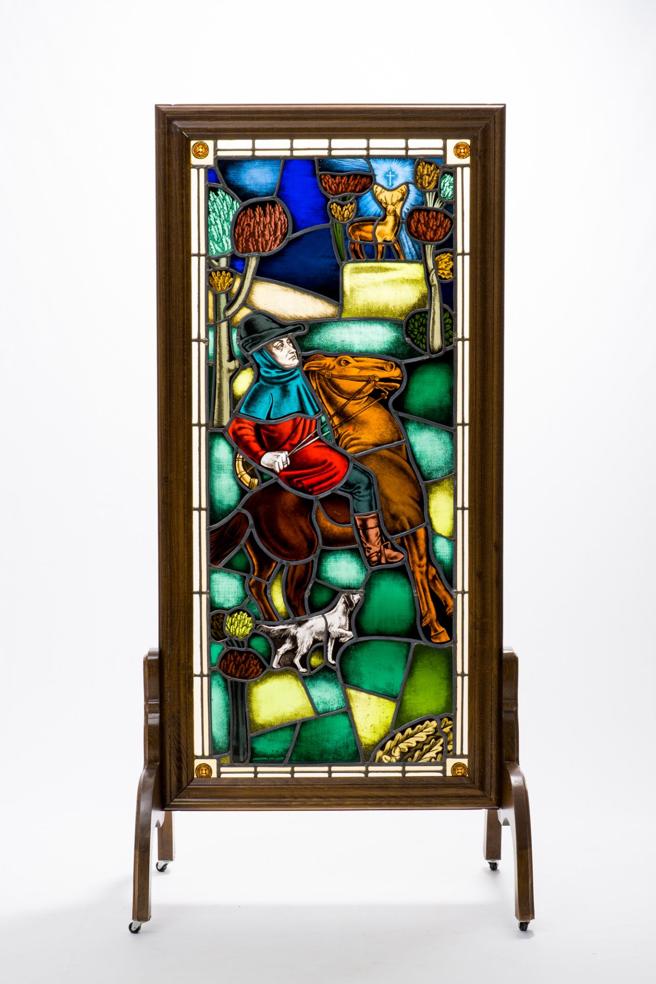 Frans Van Immerseel (1909-1978): A painted and stained glass 'Saint Hubertus' window in a wood frame - Image 3 of 11