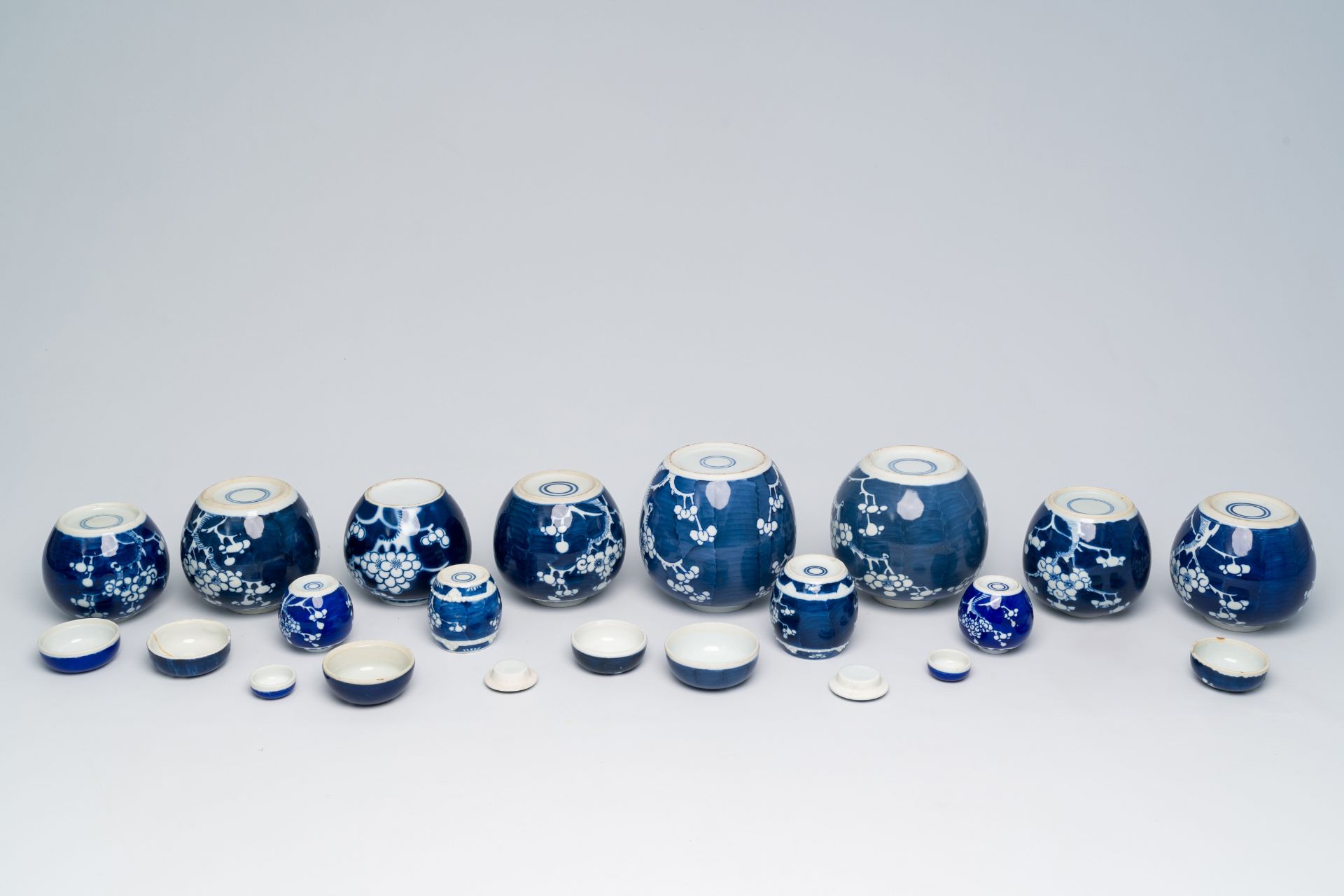 A varied collection of Chinese blue and white prunus on cracked ice ground porcelain, 19th/20th C. - Image 15 of 15