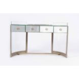 A glass and metal half circle console table with four drawers, 20th C.