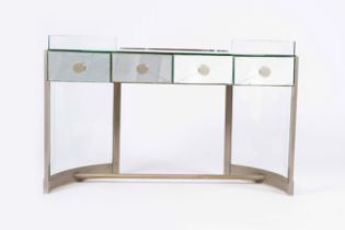 A glass and metal half circle console table with four drawers, 20th C.