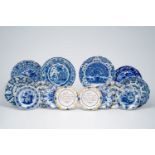 Fourteen various Dutch Delft blue, white and polychrome plates and dishes, 18th C.