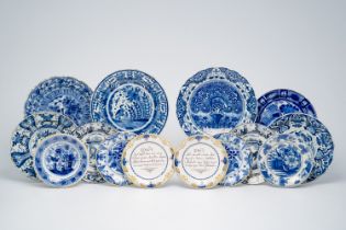 Fourteen various Dutch Delft blue, white and polychrome plates and dishes, 18th C.