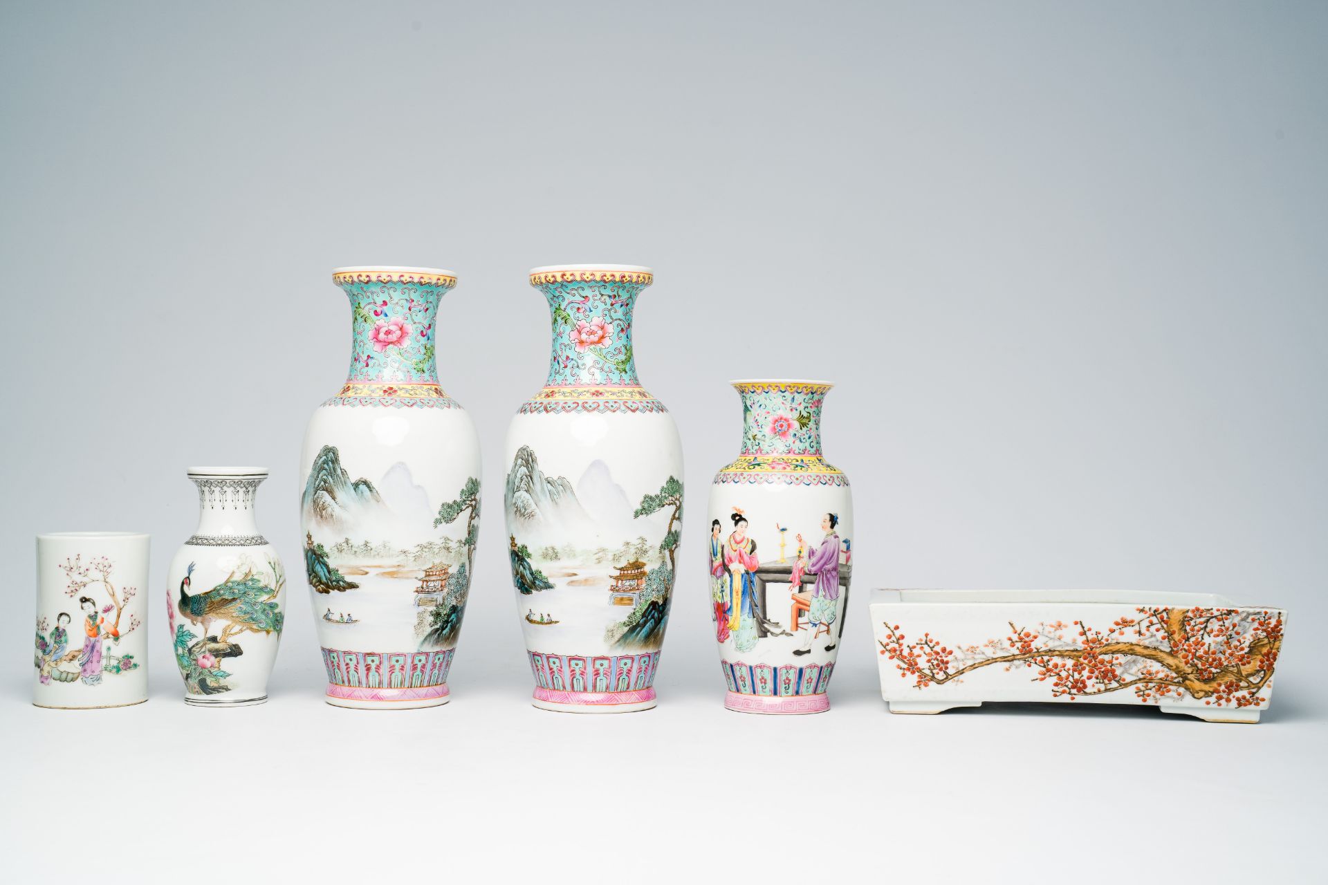 A varied collection of Chinese famille rose and qianjiang cai porcelain with figures, landscapes and - Image 2 of 11