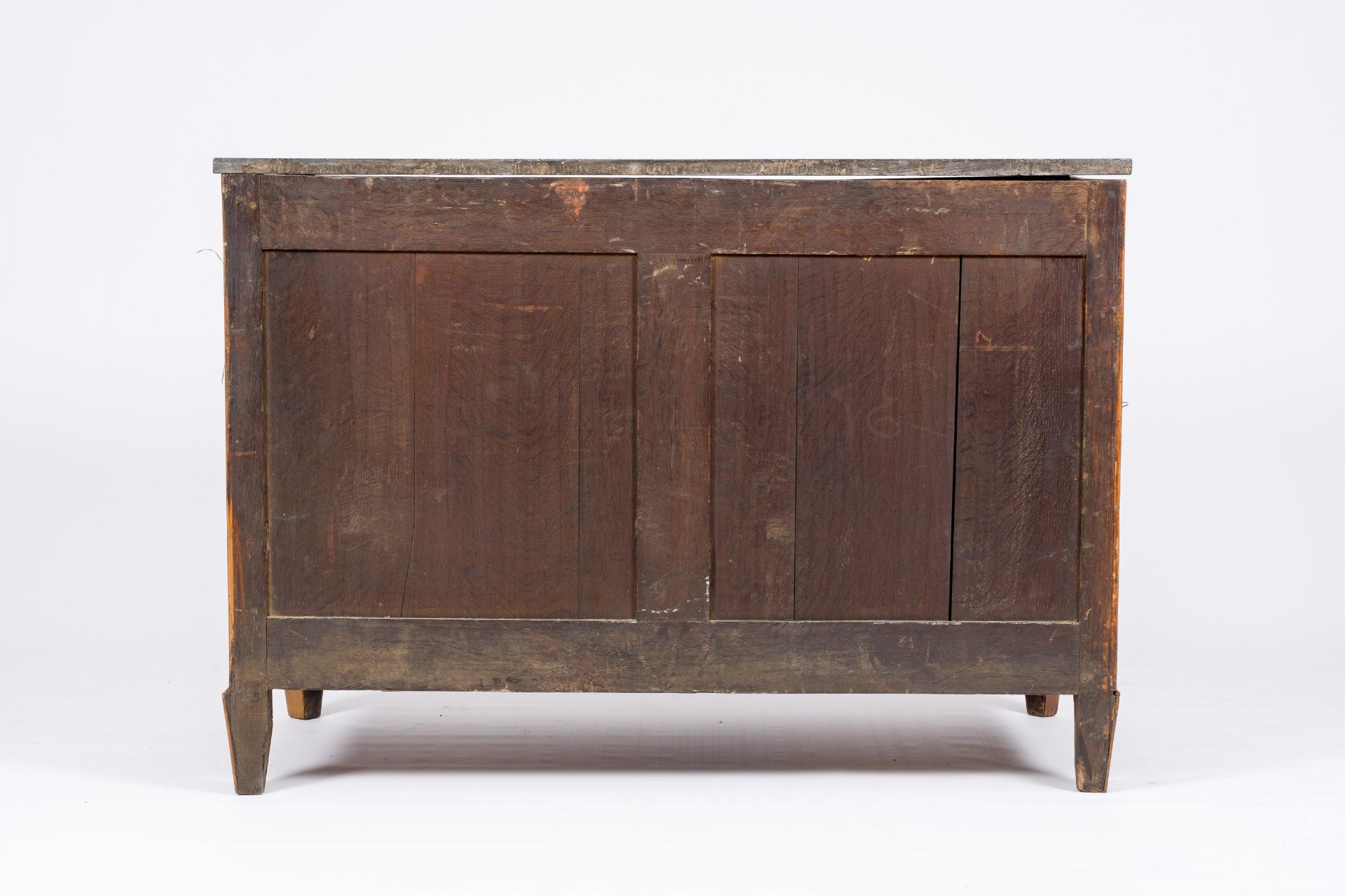 A French Neoclassical brass mounted wood chest of drawers with bluestone top, 19th/20th C. - Image 3 of 5