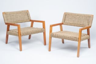 Olivier De Schrijver (1958): A pair of Boss lounge seagrass and teak armchairs, ed. 11 and 12/120, 2