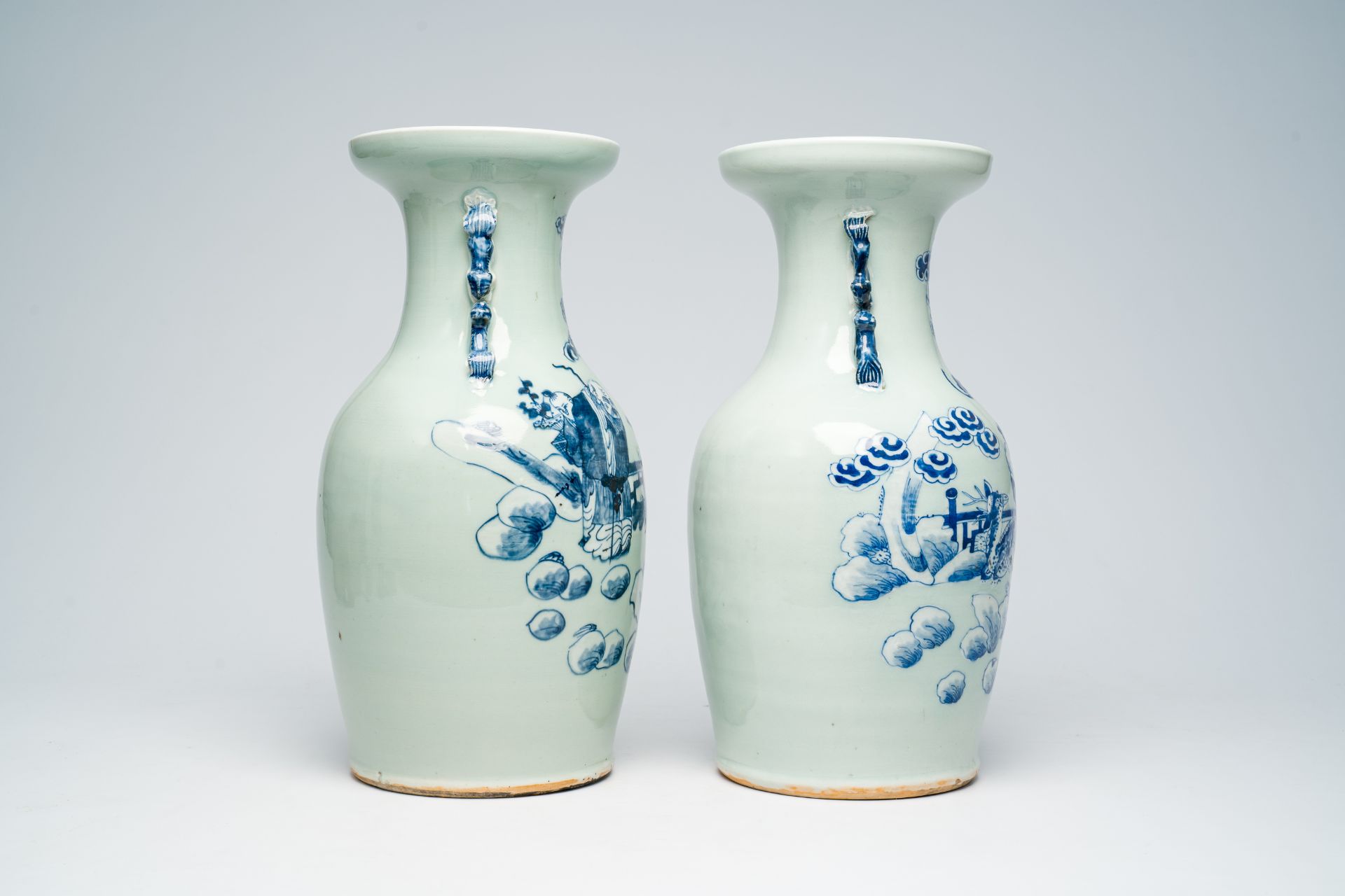 Two Chinese blue and white celadon ground vases with an Immortal and his servants in a landscape, 19 - Bild 4 aus 6