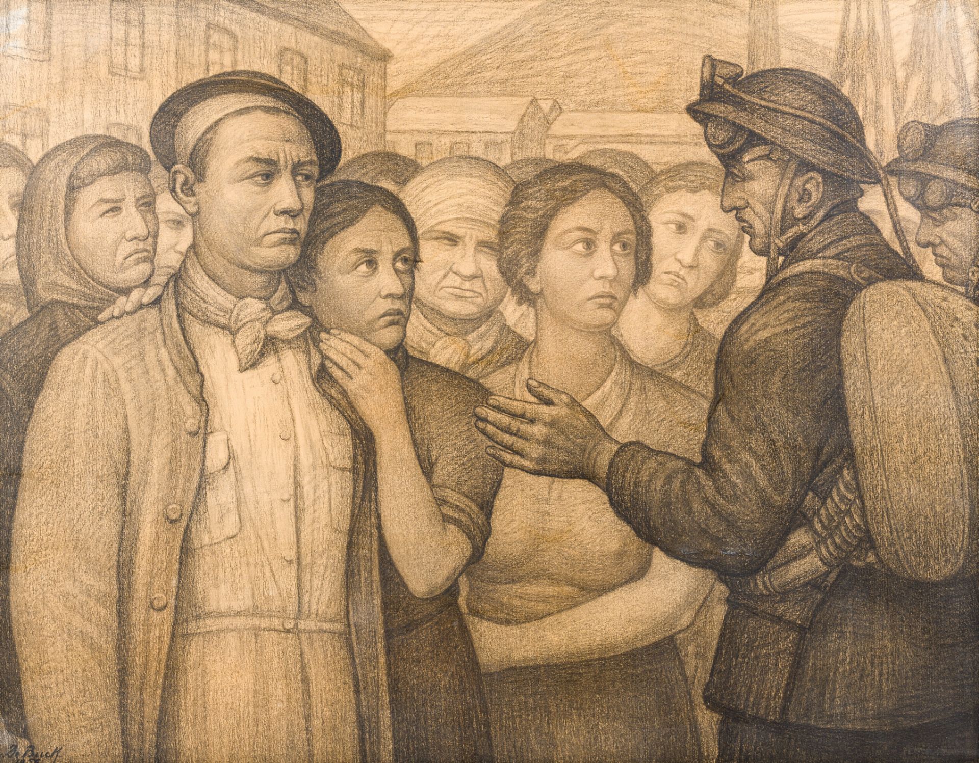 Evariste Gustave De Buck (1892-1974): The Marcinelle mining disaster, charcoal on paper, dated 1956