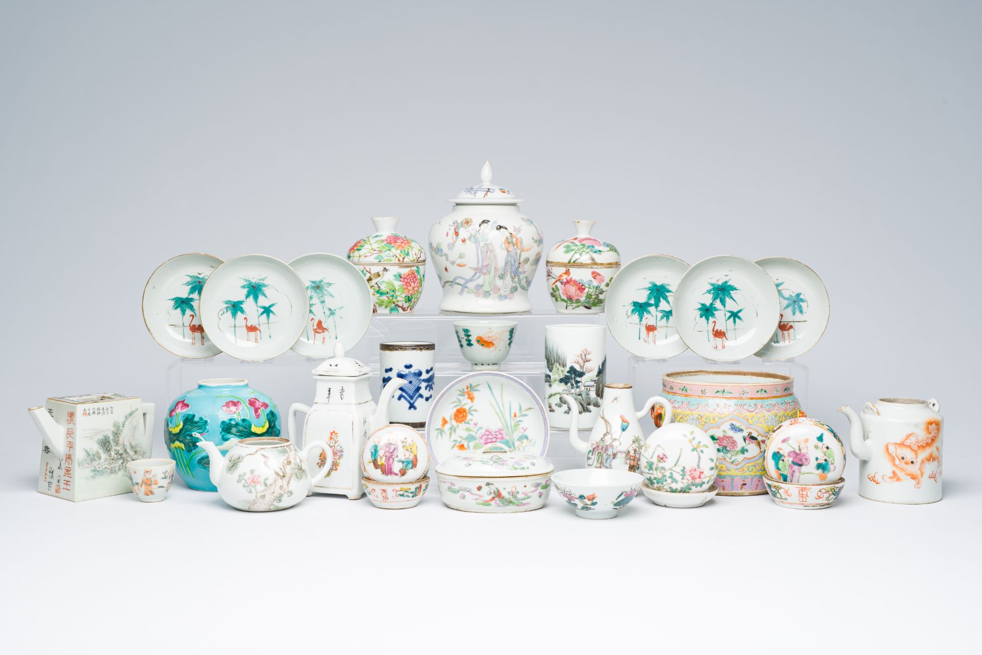 A varied collection of Chinese famille rose, blue, white, qianjiang cai and iron-red porcelain, 19th