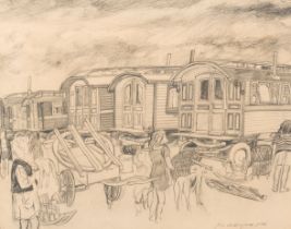 Joseph Verdegem (1897-1957): Caravans in Mariakerke, pencil and charcoal on paper, dated 1946