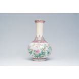 A Chinese famille rose bottle shaped vase with floral design, Hongxian mark, 20th C.