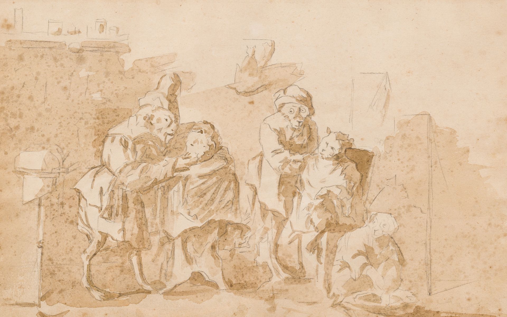French school, follower of Christophe Huet (1700-1759): Eight scenes with monkeys, pencil and waterc - Bild 12 aus 13