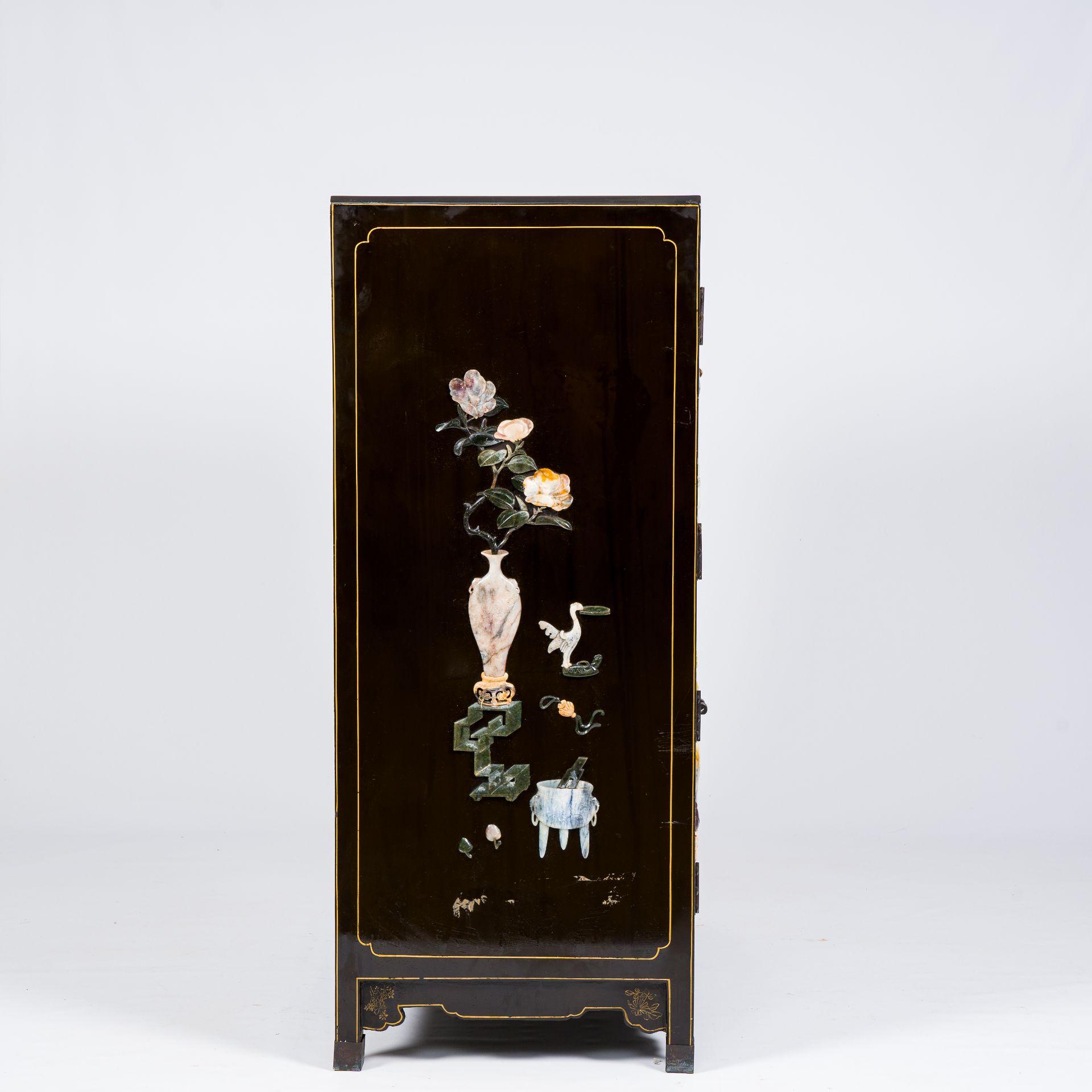 A Chinese lacquered wood cabinet inlaid with semi-precious stones showing ladies on a terrace, flowe - Image 13 of 13