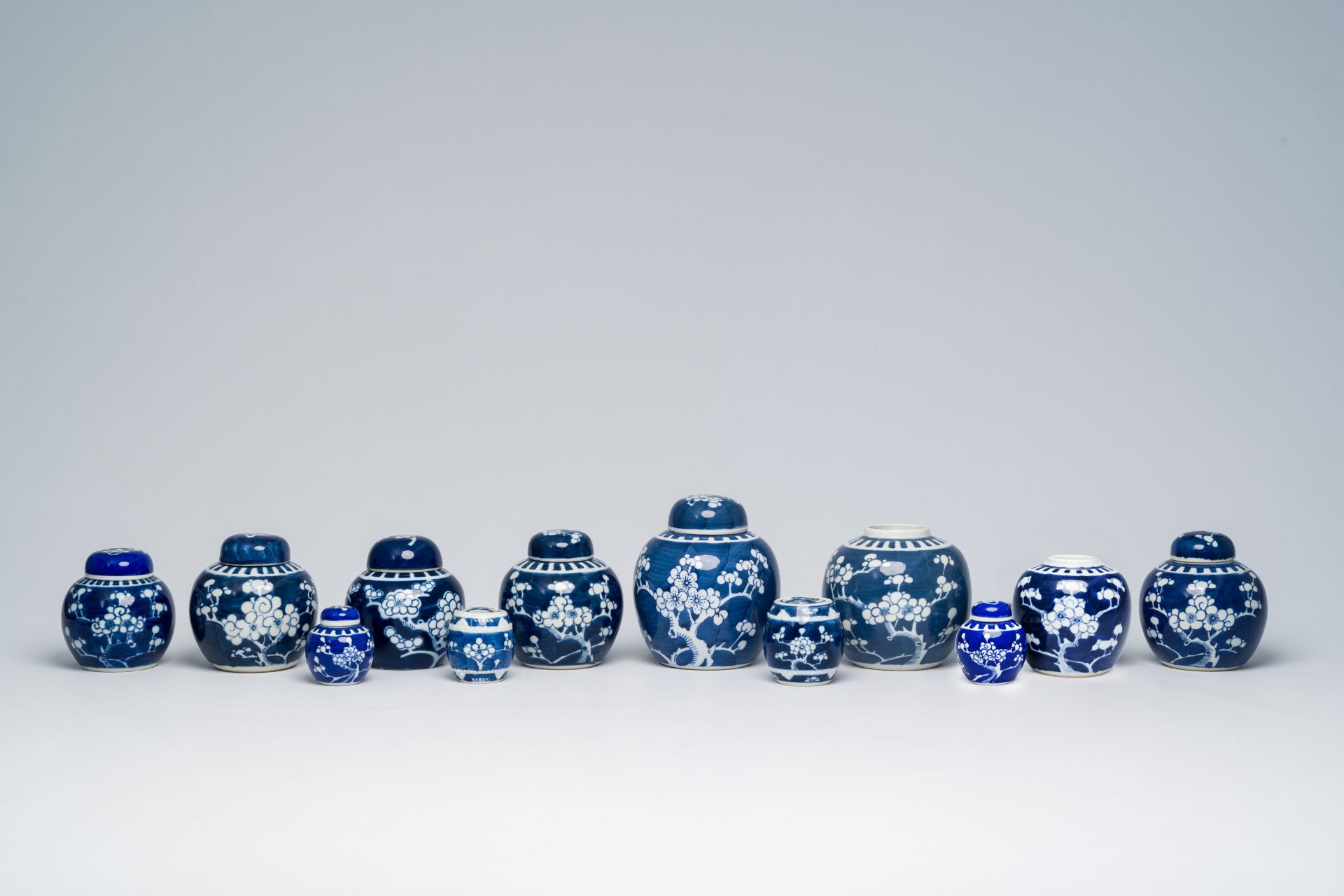 A varied collection of Chinese blue and white prunus on cracked ice ground porcelain, 19th/20th C. - Bild 10 aus 15