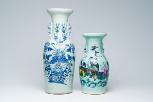 Two Chinese blue, white and polychrome celadon ground vases with floral design and figures in a land