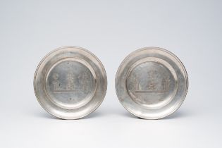 Two Ypres pewter plates with engraved design and a jug, Ludovicus Joseph Swaegers, first half 19th C