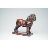 Domien Ingels (1881-1946): Farm horse, brown and green glazed plaster, Drongen, dated 1929
