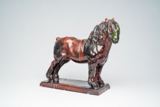 Domien Ingels (1881-1946): Farm horse, brown and green glazed plaster, Drongen, dated 1929