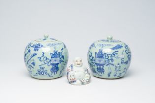 A pair of Chinese blue and white celadon ground 'antiquities' ginger jars and a famille rose figure