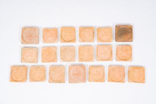 A fine collection of 19 unglazed relief-stamped pottery tiles, Southern Netherlands, 16th/17th C.