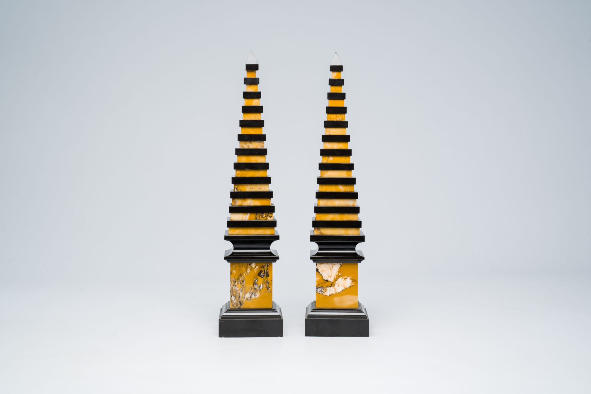 A pair of Italian Neoclassical black and yellow marble obelisks, 20th C. - Image 2 of 7