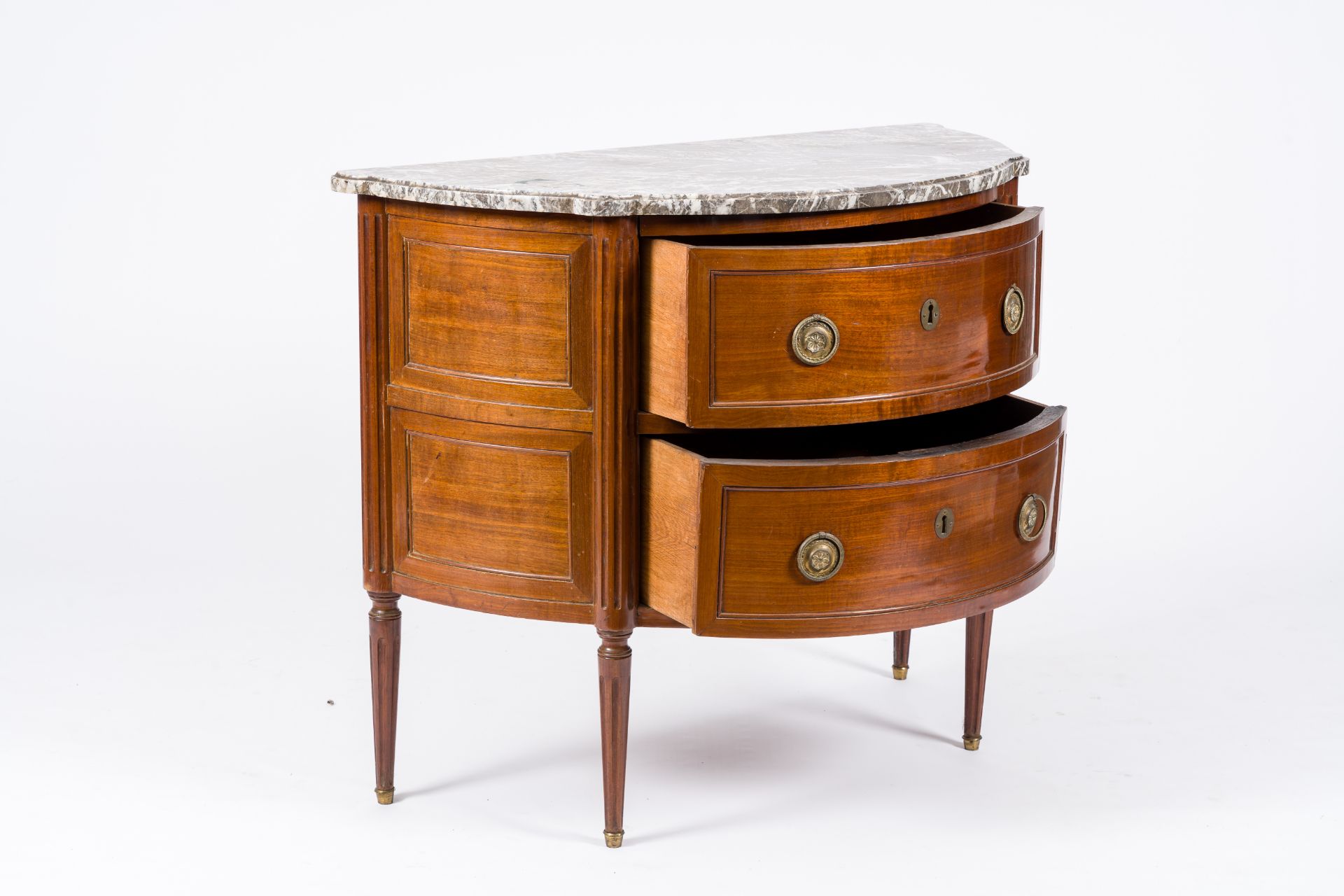 A French Neoclassical wood half circle chest with two drawers and marble top, France, first half 20t - Image 2 of 7